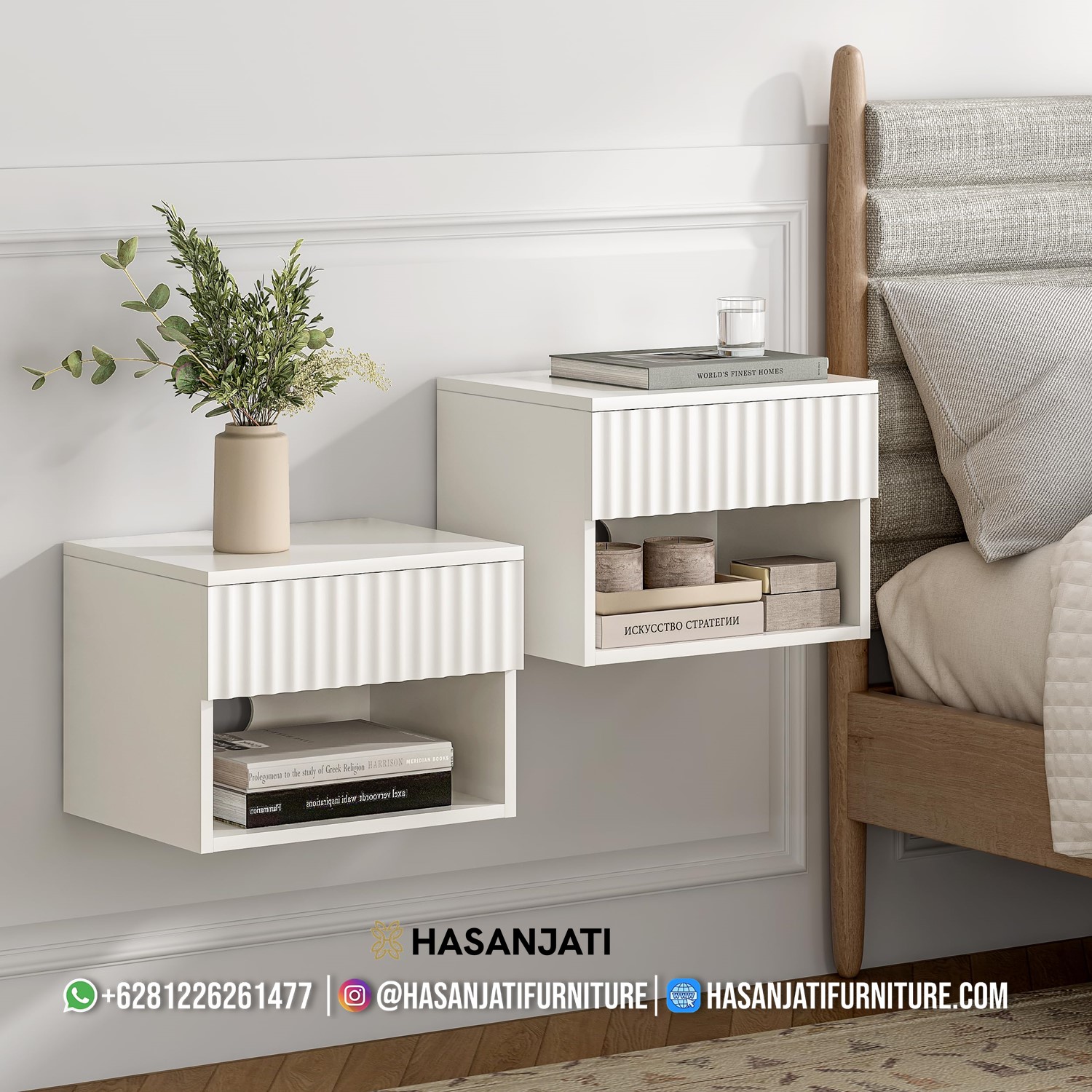 Nakas melayang warna putih tanpa kaki model minimalis modern Jepara