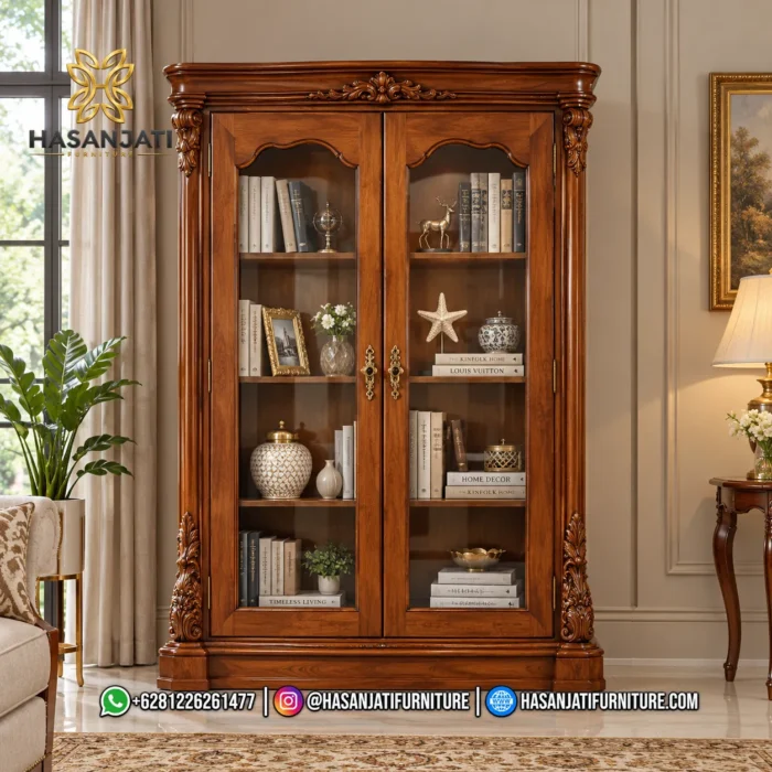 Penempatan kabinet display mewah seri Gloucester 2 pintu kaca di samping jendela ruang keluarga dalam interior hunian klasik neoklasik.
