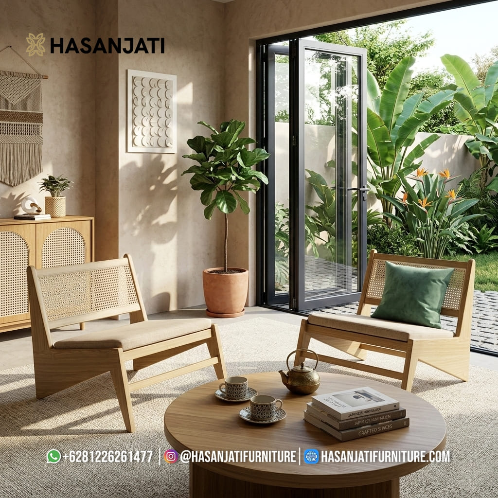 Lounge Kursi teras minimalis kayu jati dengan sandaran anyaman rotan alami untuk teras rumah bergaya Japandi modern.