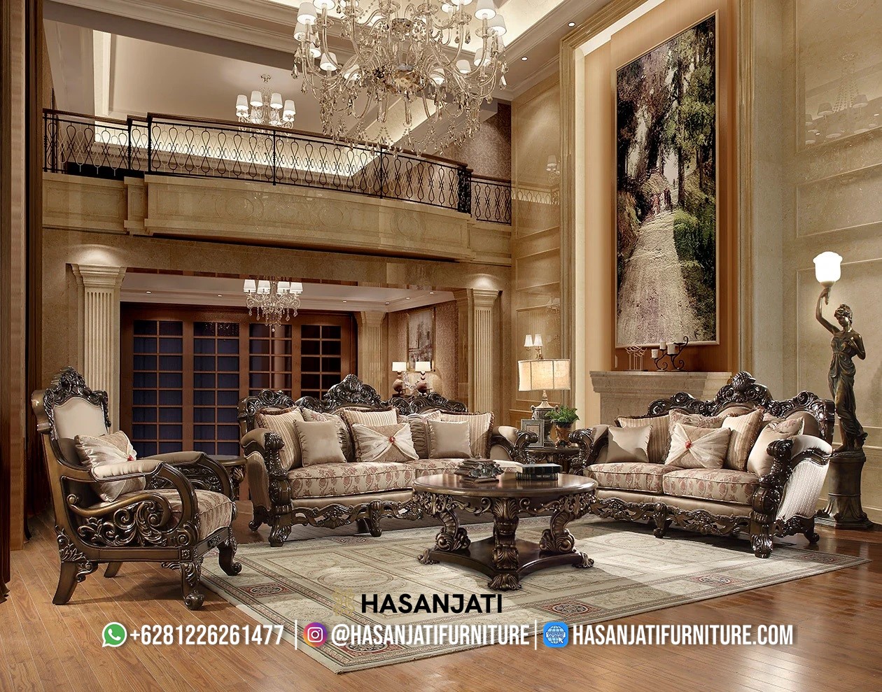 Kursi sofa mewah jati solid model klasik dengan detail ukiran Jepara warna brown