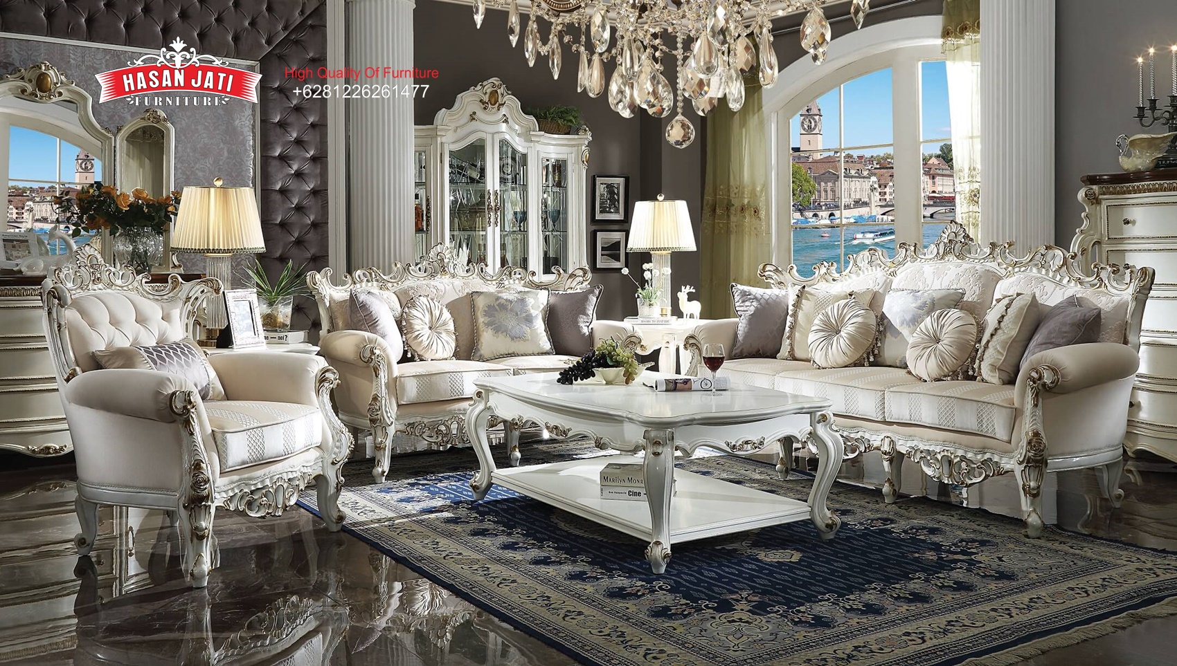 kursi tamu classic jepara mewah set 3 2 1 warna putih dengan sentuhan gold dan ukiran elegan untuk ruang tamu premium