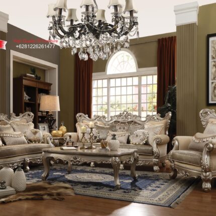 Set Sofa Tamu Klasik Mewah Silver Champagne Gaya Eropa Ukiran Royal