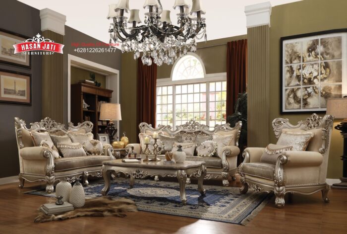 Set Sofa Tamu Klasik Mewah Silver Champagne Gaya Eropa Ukiran Royal