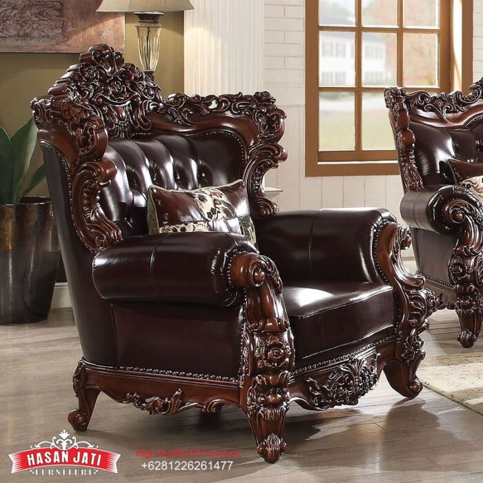 Kursi Single Jati Mewah Kulit Coffee Brown Set Sofa Tamu