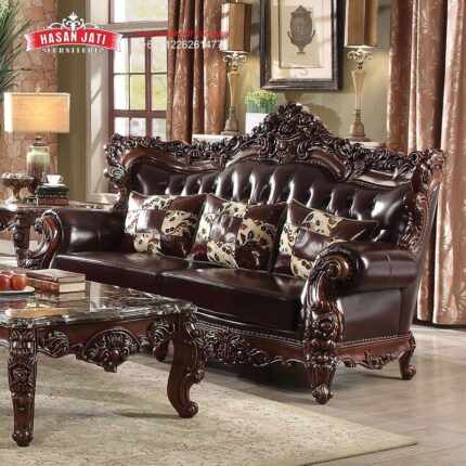 Sofa Panjang 3 Dudukan Kulit Coffee Brown Set Sofa Mewah