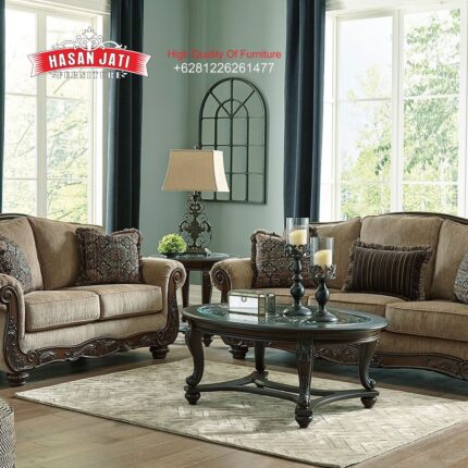 Set Sofa Tamu Jati Klasik Mewah Warna Mocha Brown Ukiran Jepara