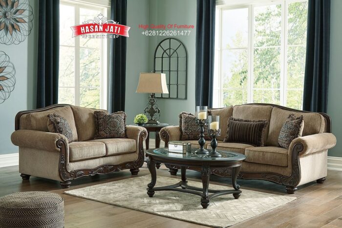 Set Sofa Tamu Jati Klasik Mewah Warna Mocha Brown Ukiran Jepara