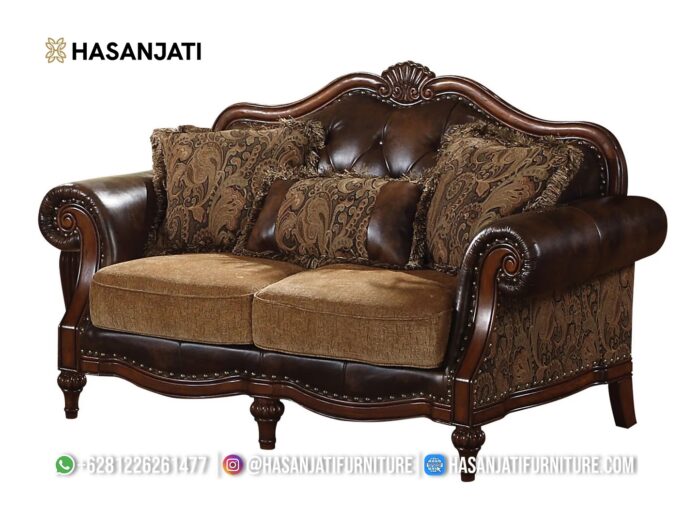 Sofa Sedang 2 Dudukan Ukiran Jati Klasik Mewah Warna Brown