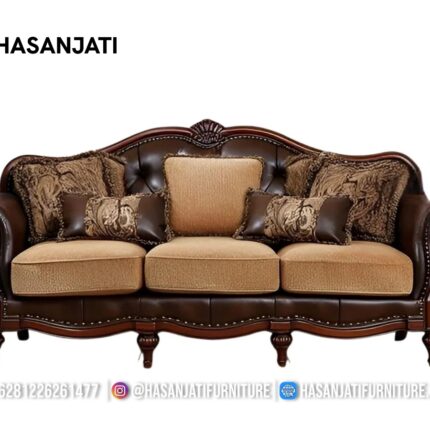 Sofa Panjang 3 Dudukan Kayu Jati Warna Cokelat Set Sofa Mewah