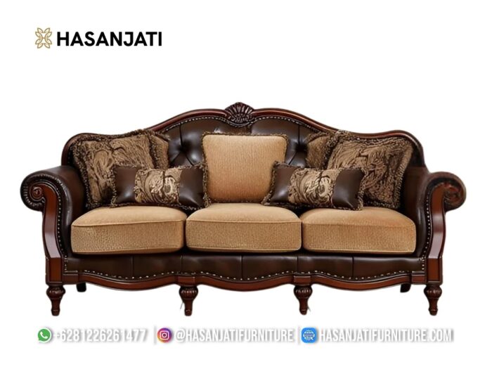 Sofa Panjang 3 Dudukan Kayu Jati Warna Cokelat Set Sofa Mewah