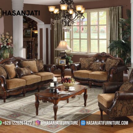 Set Sofa Tamu Jati Klasik Mewah Warna Cokelat Brown Ukiran Jepara