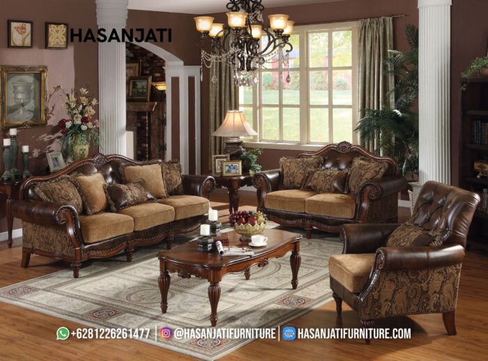 Set Sofa Tamu Jati Klasik Mewah Warna Cokelat Brown Ukiran Jepara