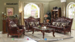 Set Sofa Tamu Jati Klasik Mewah Kulit Maroon Gaya Eropa Ukiran Jepara