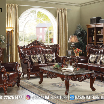 Set Sofa Tamu Jati Klasik Mewah Kulit Maroon Gaya Eropa Ukiran Jepara