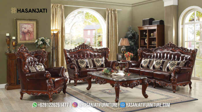 Set Sofa Tamu Jati Klasik Mewah Kulit Maroon Gaya Eropa Ukiran Jepara
