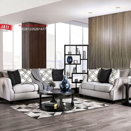Set Sofa Tamu Jati Klasik Modern Grey Meja Bundar Formasi 3-2