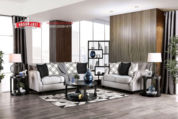Set Sofa Tamu Jati Klasik Modern Grey Meja Bundar Formasi 3-2