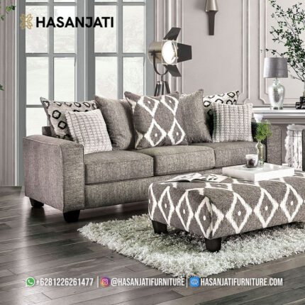 Sofa Panjang Minimalis Modern 3 Seater Grey Kayu Jati