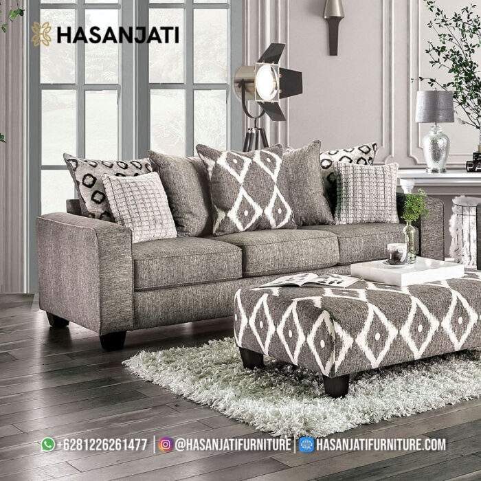 Sofa Panjang Minimalis Modern 3 Seater Grey Kayu Jati