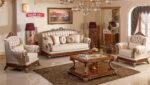 Set Sofa Tamu Jati Klasik Mewah Warna Ivory Finishing Natural Gold