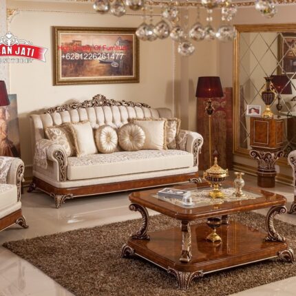 Set Sofa Tamu Jati Klasik Mewah Warna Ivory Finishing Natural Gold