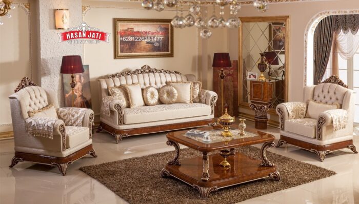 Set Sofa Tamu Jati Klasik Mewah Warna Ivory Finishing Natural Gold