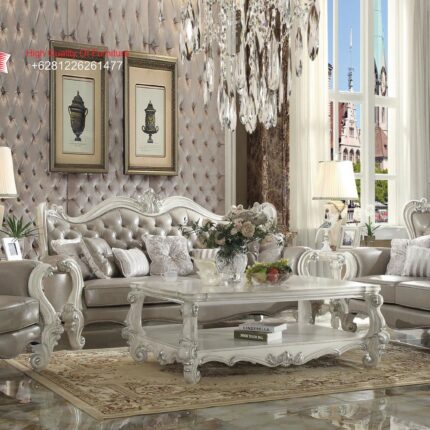 Set Sofa Tamu Klasik Mewah Warna Silver Champagne Gaya Eropa
