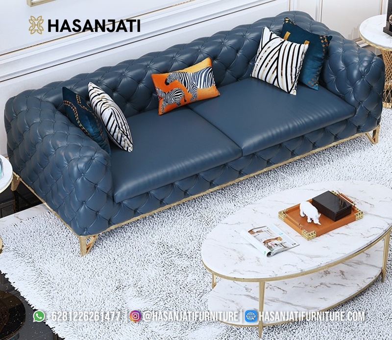 kursi tamu klasik modern set 3 2 1 sofa chesterfield warna biru elegan dengan kaki gold untuk ruang tamu mewah