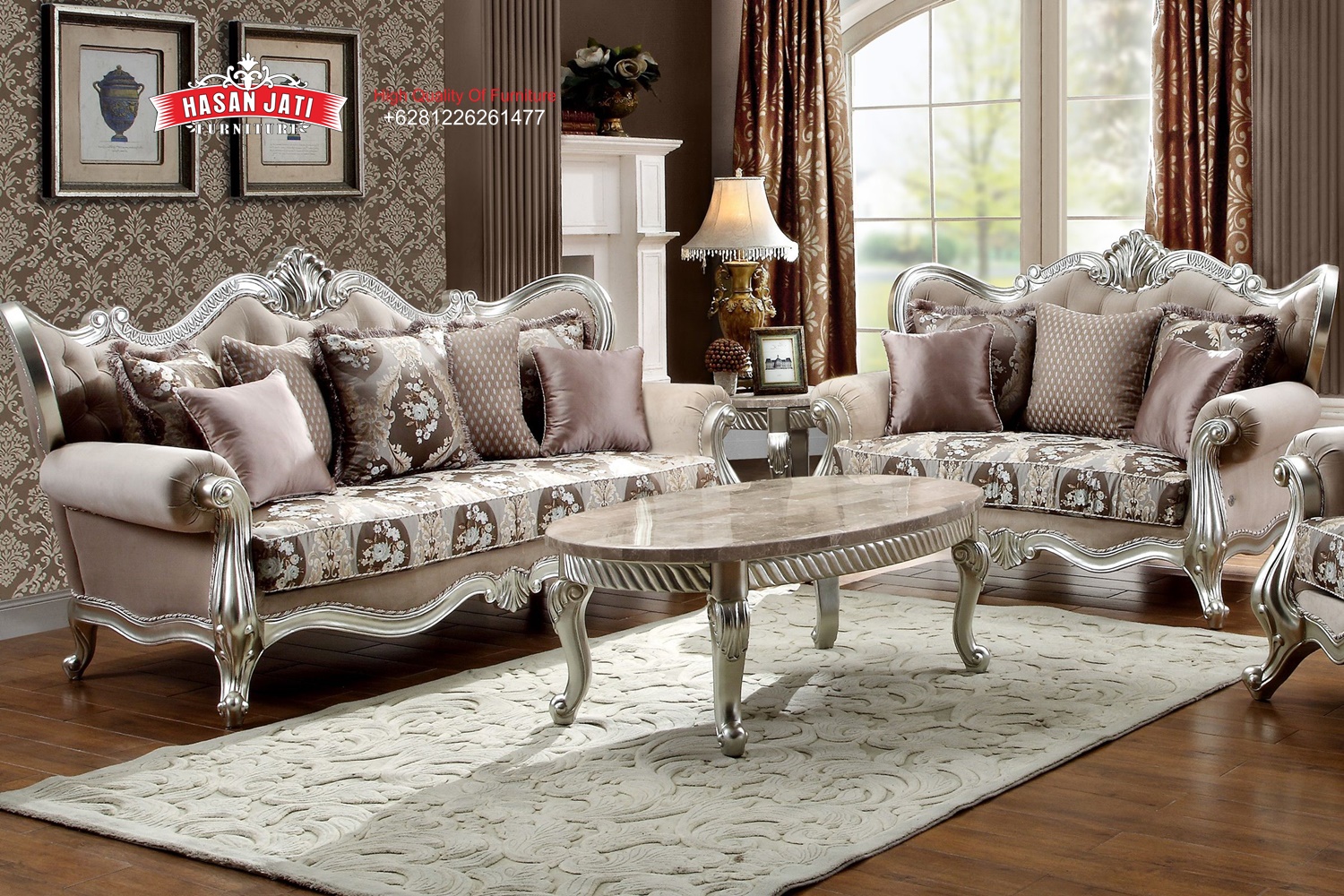 kursi tamu klasik terbaru set 3 2 1 warna champagne elegan dengan ukiran halus dan desain mewah untuk ruang tamu modern