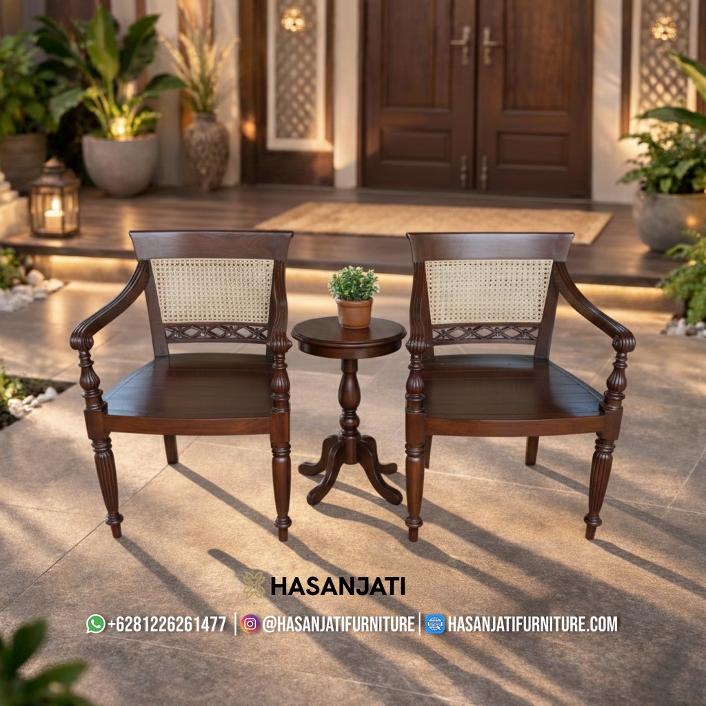 Set kursi teras jati klasik terdiri dari 2 kursi kayu jati dengan sandaran anyaman rotan dan 1 meja bulat, desain elegan untuk teras rumah minimalis dan klasik.