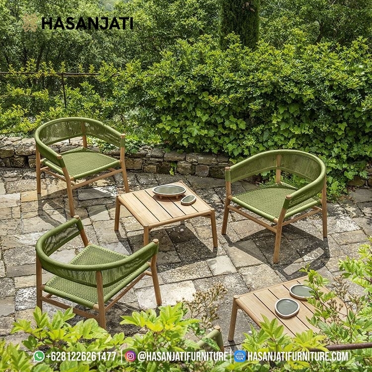 Kursi teras lounge Kilt armchair bahan kayu jati dengan anyaman tali untuk furniture outdoor