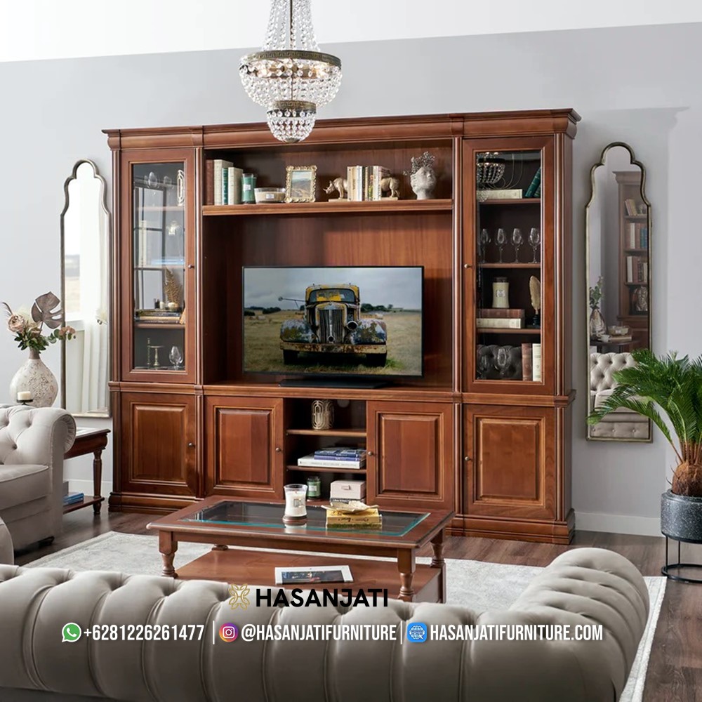 Bufet TV klasik kayu jati Jepara, desain mewah simetris, dua pintu kaca display untuk pajangan dan rak media terbuka di tengah