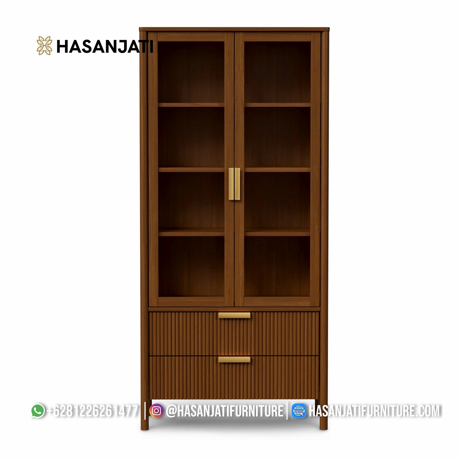 Tampak depan lemari display jati 2 pintu kaca dan laci fluted warna cokelat natural