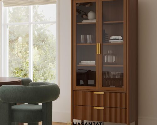 Lemari display minimalis modern 2 pintu kaca dan laci fluted di ruang tamu scandinavian.