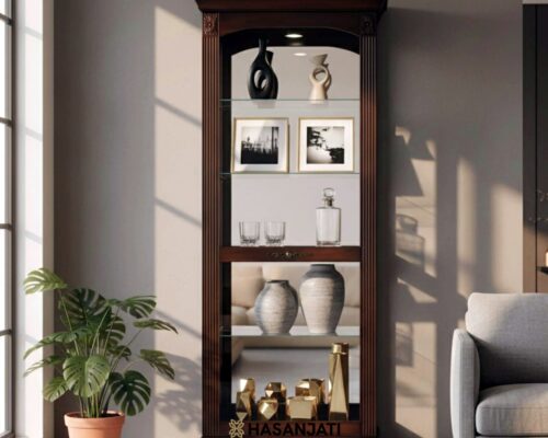 Lemari hias jati jepara minimalis 1 pintu sliding kaca ramping, cokelat tua, untuk ruang tamu modern.