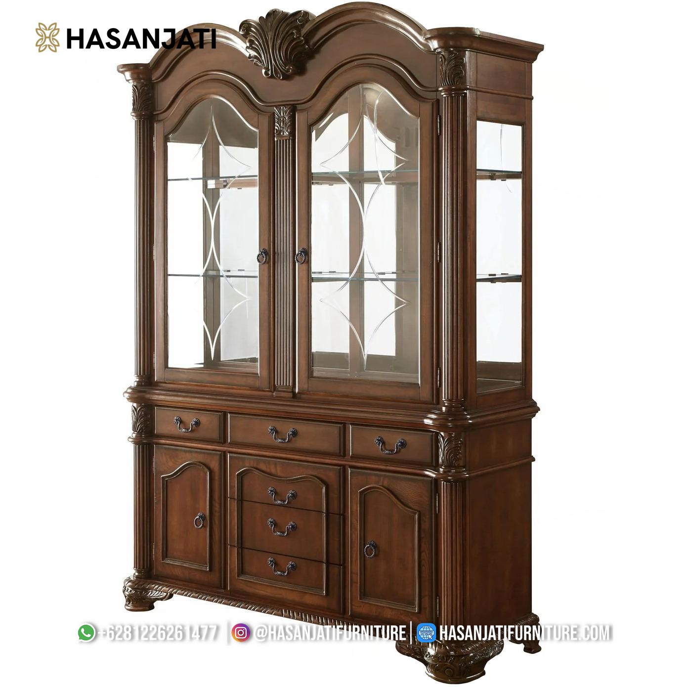 Lemari hias jati model klasik 3 pintu kaca produk asli Jepara