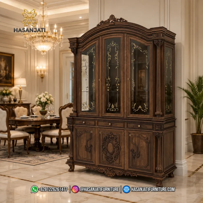 Tampilan penuh lemari hias jati mewah seri klasik 3 pintu kaca rata dengan hiasan grafir sulur emas berlatar interior ruang makan mewah.