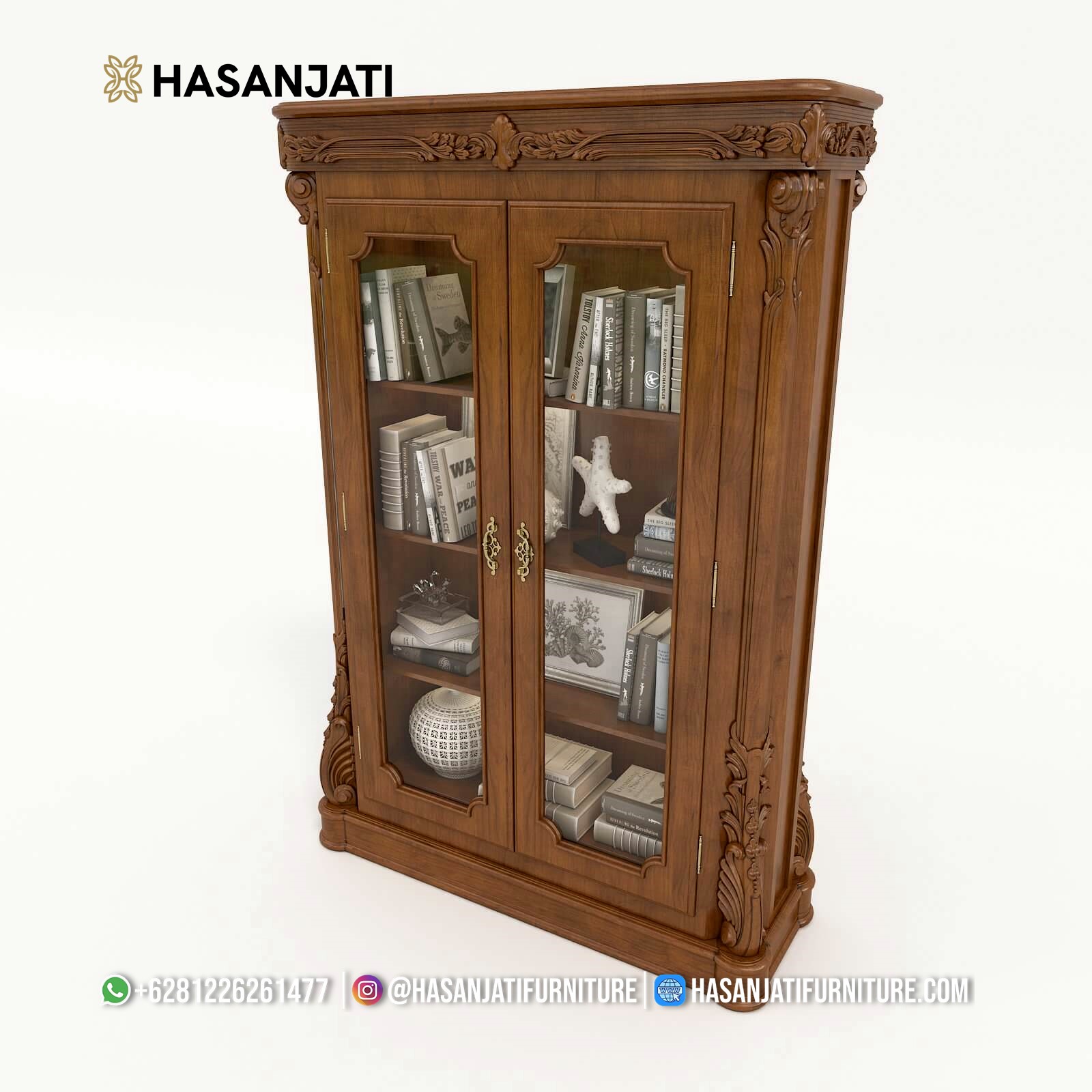 Lemari hias jati model klasik 2 pintu warna natural dengan detail ukiran Jepara