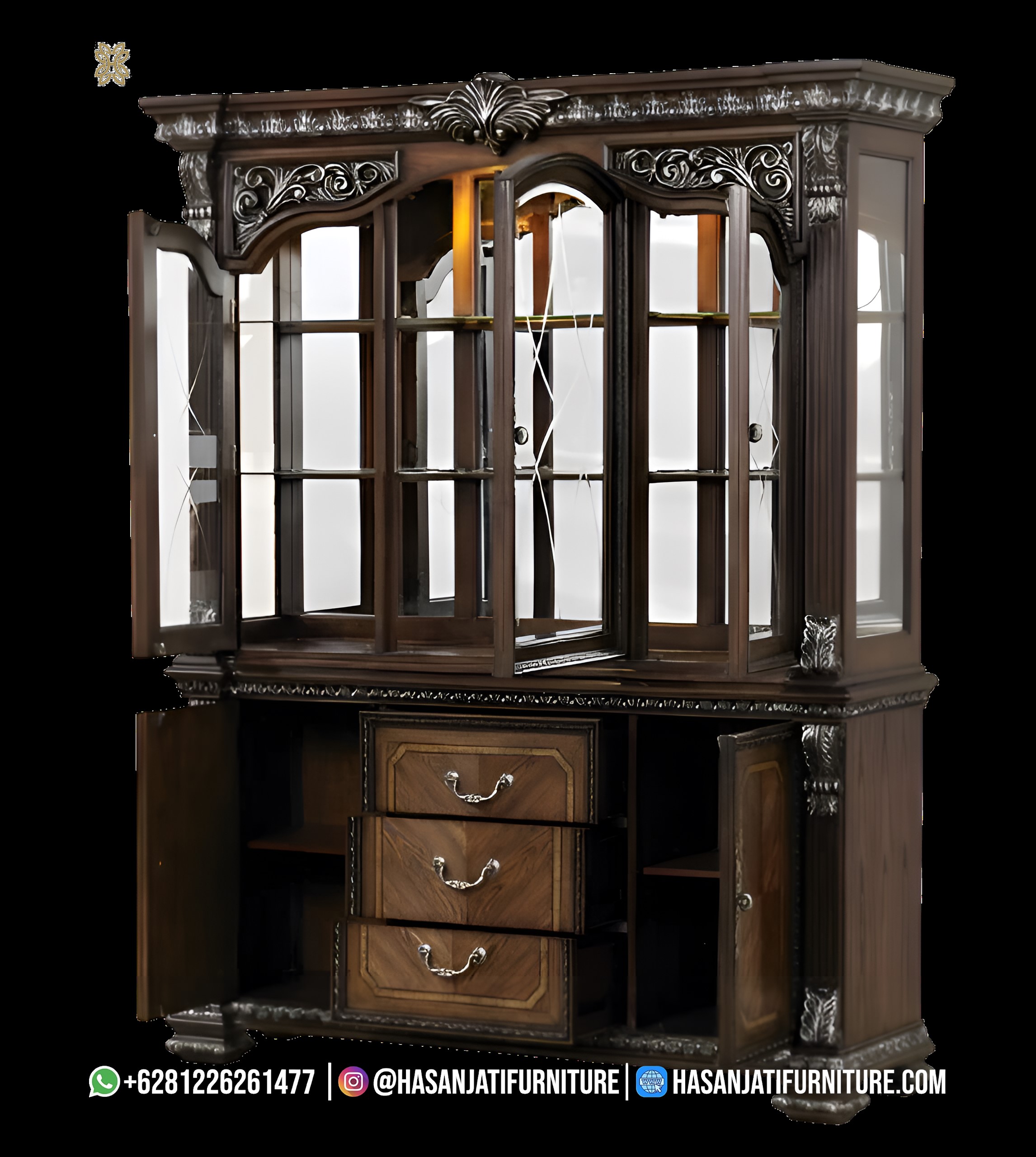 Lemari hias klasik 3 pintu dark finish ukiran silver, tampilan pintu terbuka