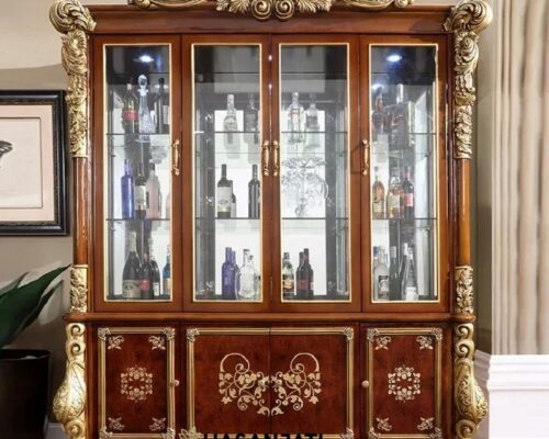 Lemari hias klasik 4 pintu mewah ukiran jati gold leaf ruang tamu