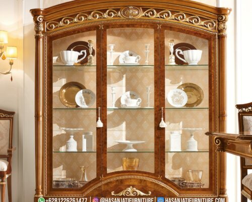 lemari hias klasik ukiran jati jepara 3 pintu kaca ruang tamu