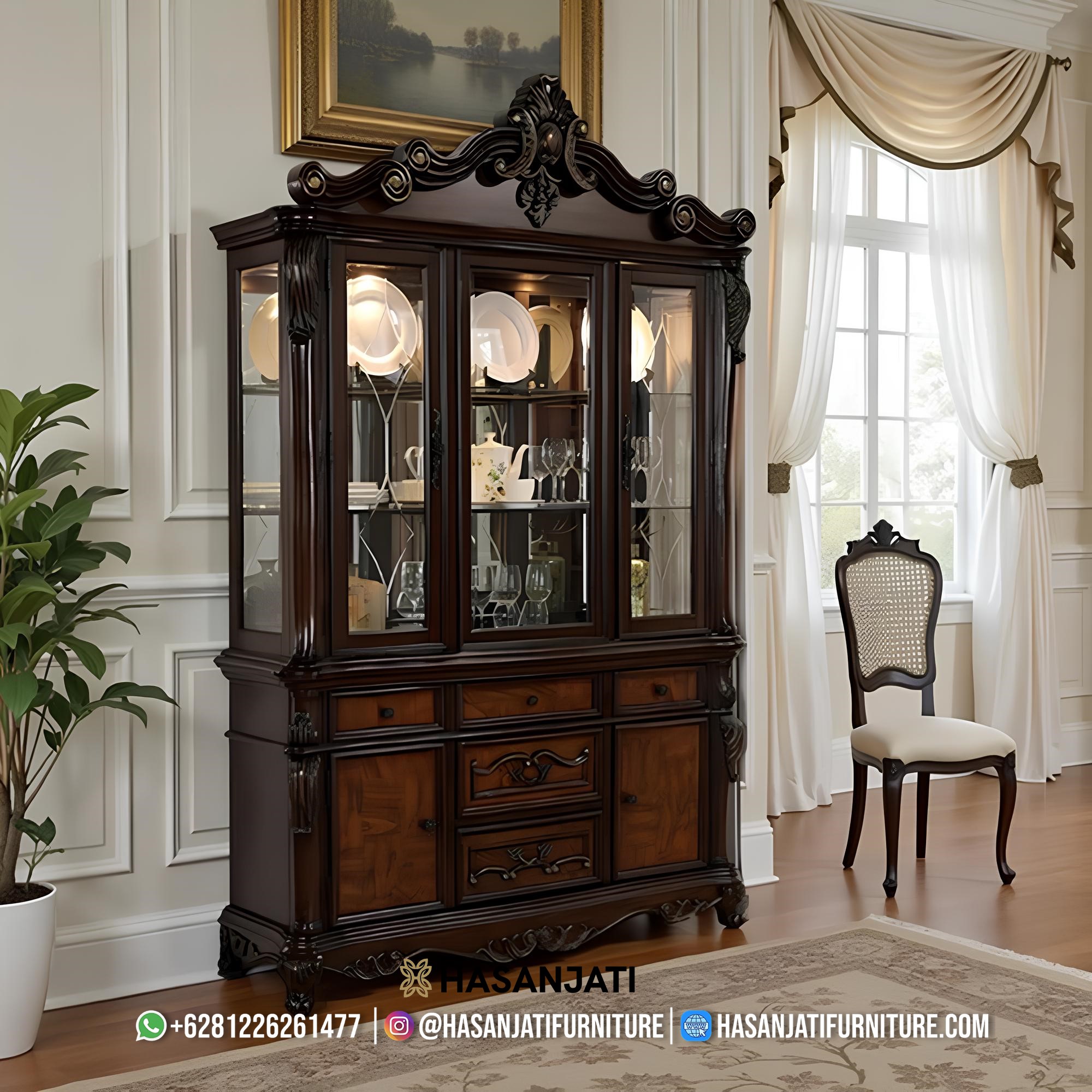 Desain lemari hias klasik kayu jati Jepara 3 pintu warna brown walnut