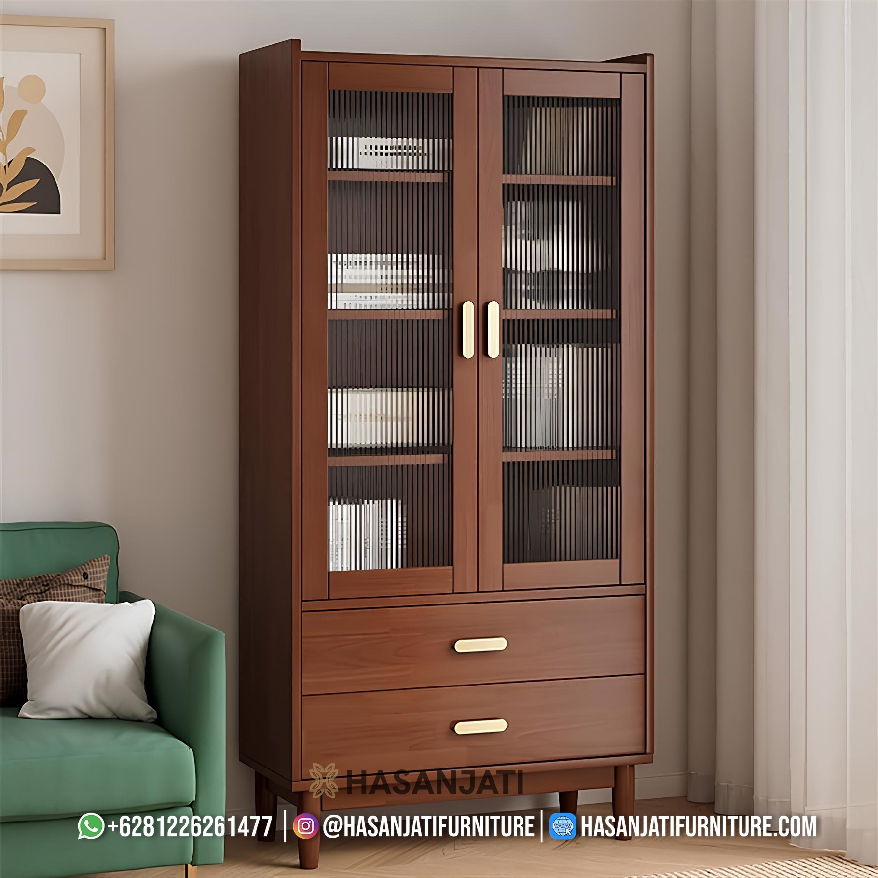 Lemari hias minimalis kayu jati cokelat kenari, 2 pintu kaca bergelombang, dan 2 laci Mid-Century Modern.