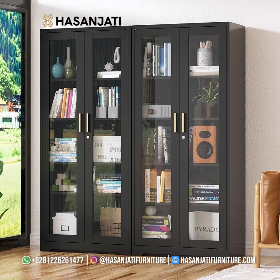 Lemari hias minimalis hitam kayu jati 4 pintu, rak buku modern industrial