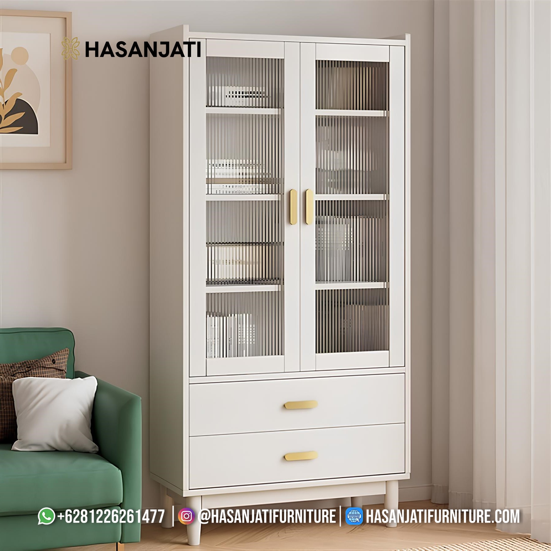 Lemari hias minimalis putih duco, 2 pintu kaca bergelombang, dan 2 laci Mid-Century Modern.