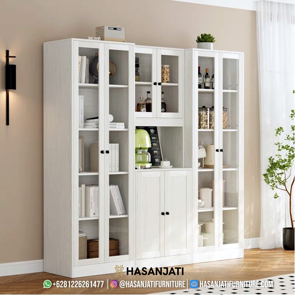Lemari hias minimalis modular putih 6 unit pintu kaca untuk rak buku