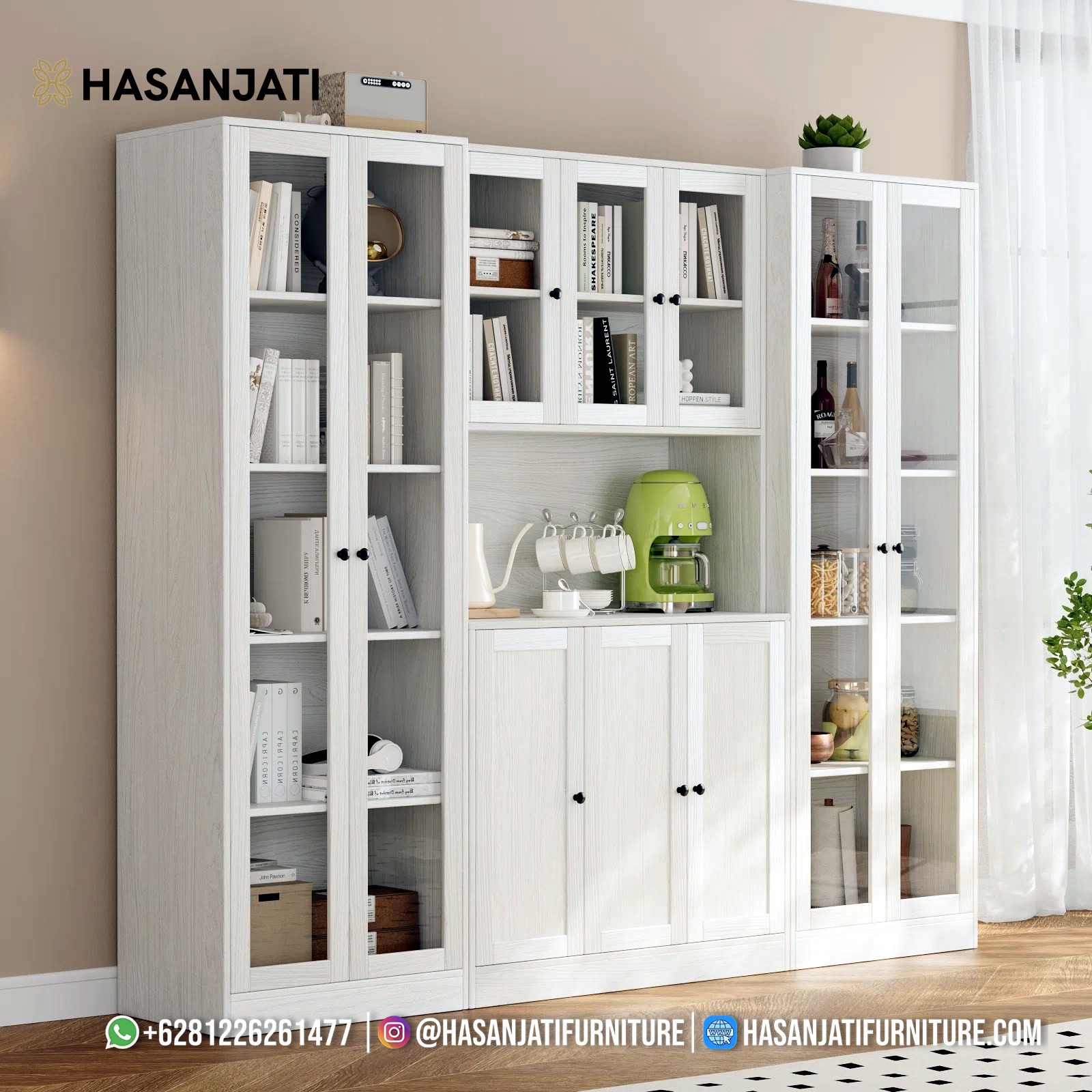 Lemari hias rak buku minimalis modular putih 3 unit dengan pintu kaca untuk koleksi dan display