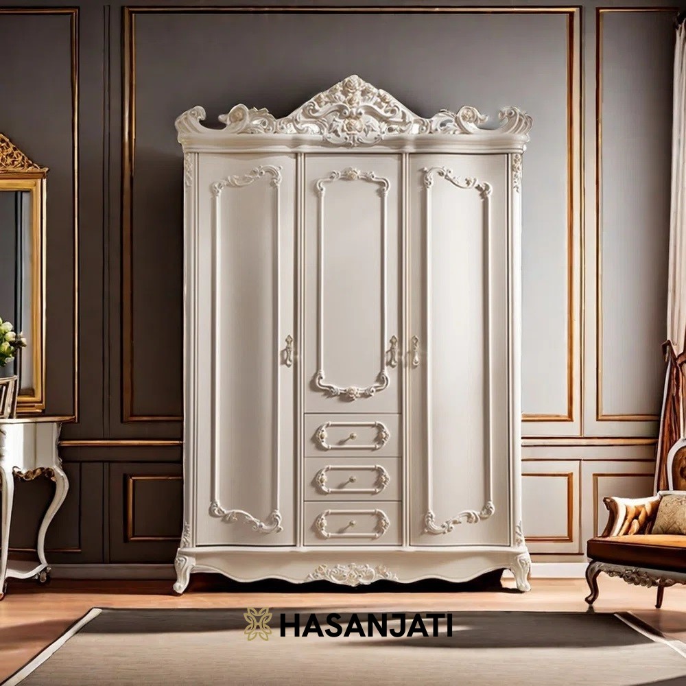 Lemari klasik luxury wardrobe warna putih dengan kombinasi ukiran Jepara