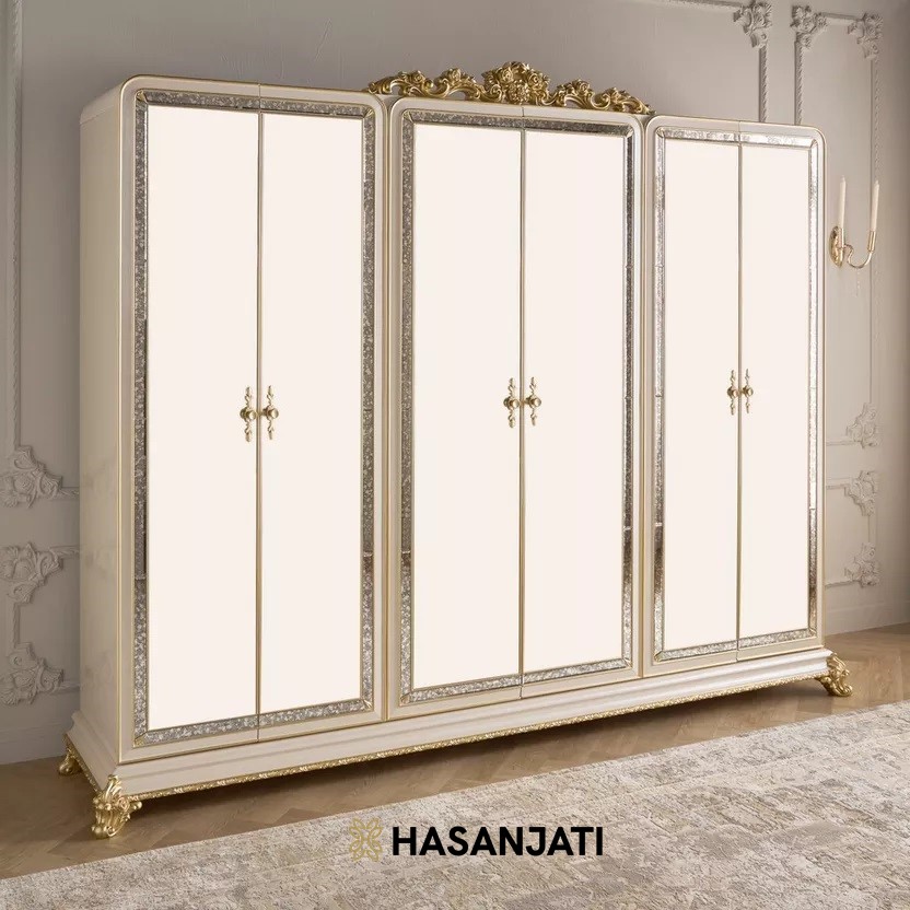 Lemari klasik modern wardrobe 6 pintu desain elegan