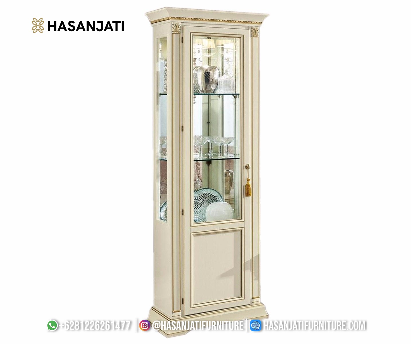 lemari pajangan hias klasik putih duco kaca modern ukiran jepara